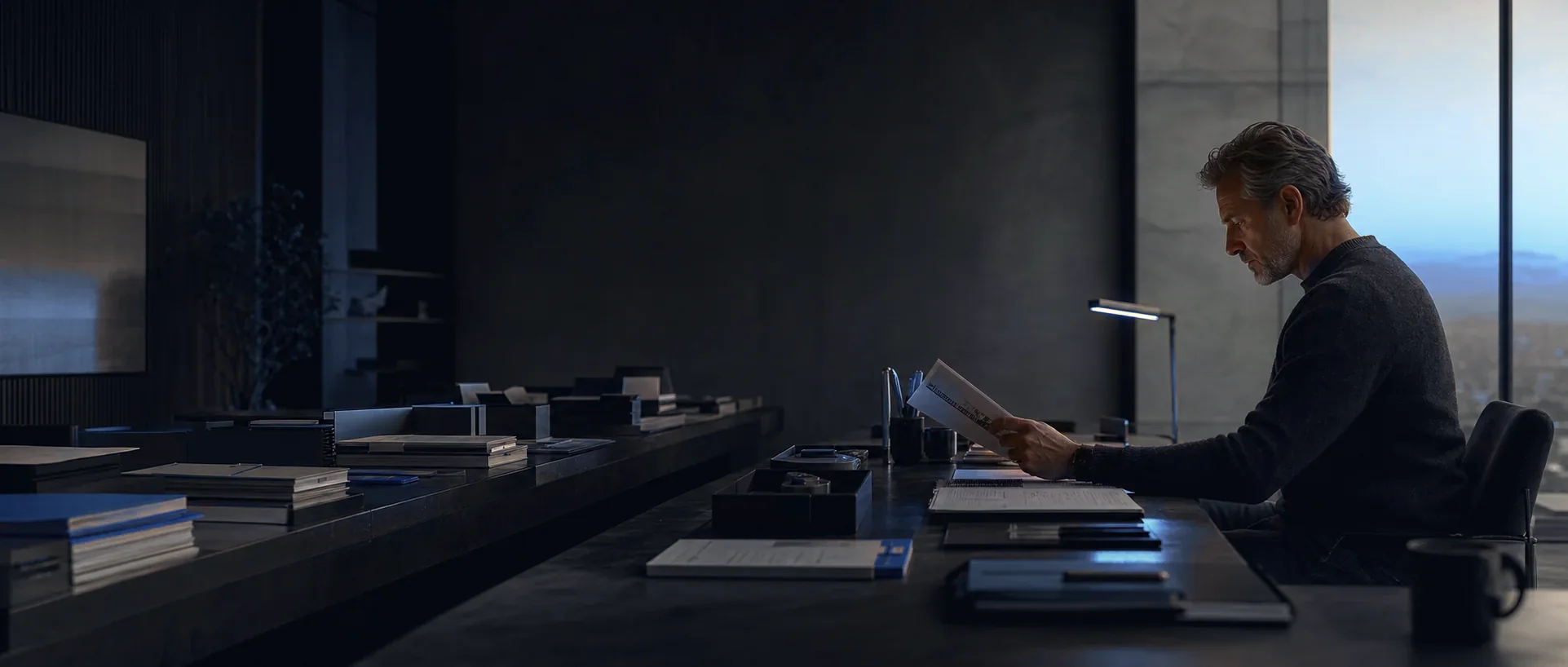 A leader reviewing prepared work at dusk